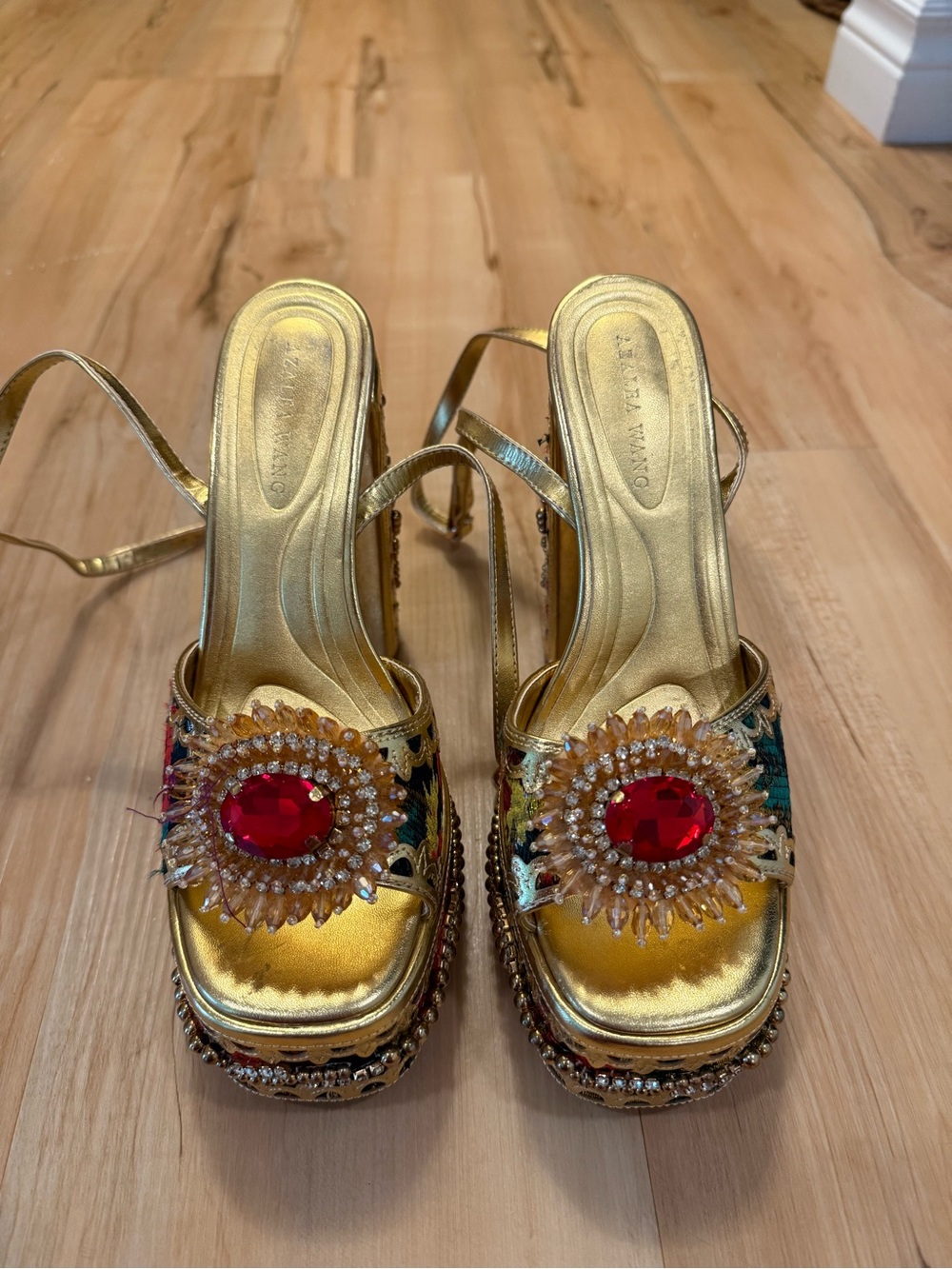 Gold Platform Slingback Heels with Red Gem Accents - Picture 5 of 6